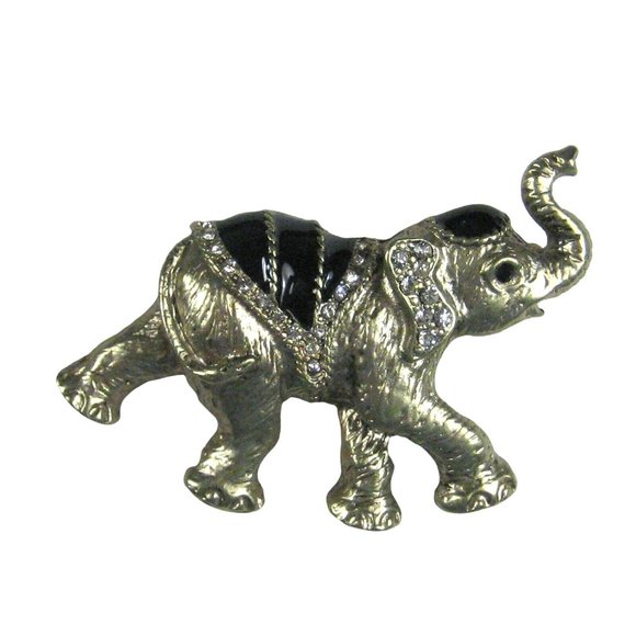 Circus Elephant Brooch Silvertone Pin Animal Circus Rhinestones Black Enamel 2" - Picture 1 of 4